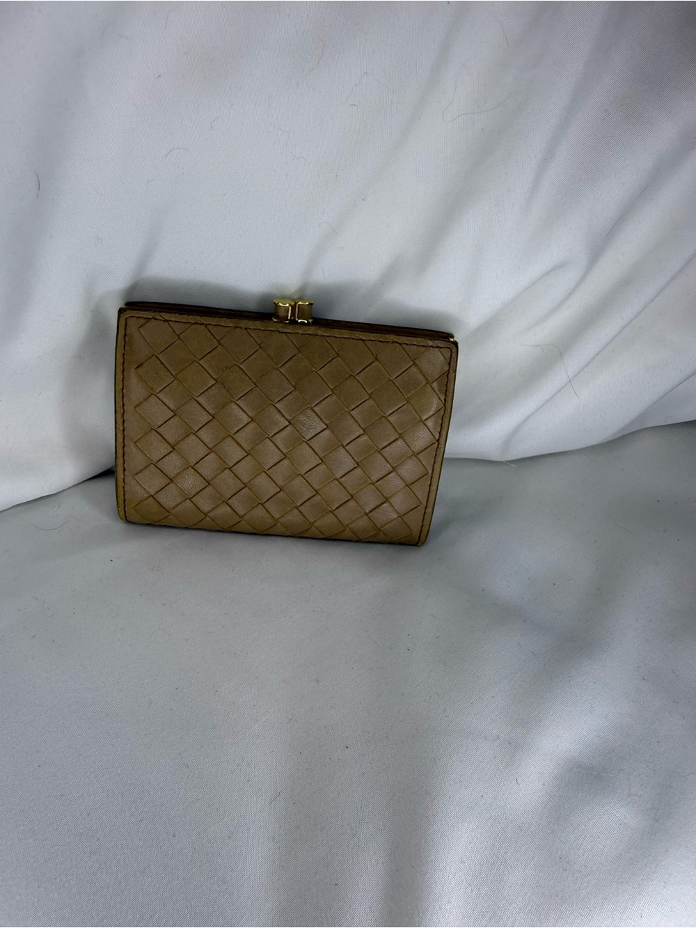 Bottega Veneta Tan Intrecciato Leather Card Holder with Gold Clasp